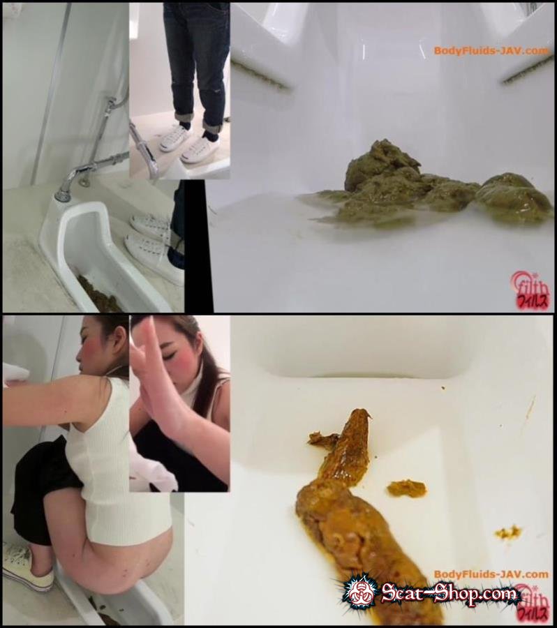 Girls defecates big shit pile in public toilet close-up.   (Filth plus, Closeup) FullHD 1080p