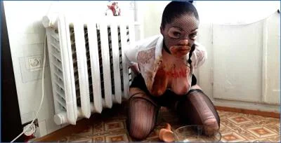 Pooping by Scatlina as Tied Slave Eats Scat in Solo Scat-Video
